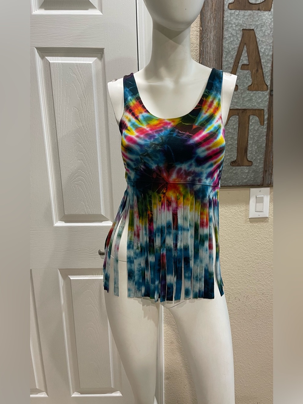 Kathmandu Imports Rainbow Tie Dye Fringe Tank Top Boho Festival Crop One Size
